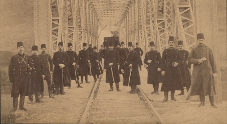 Image: Students of the Military Academy pose in front of a bridge of the Istanbul-Ankara railroad line opened in 1892.