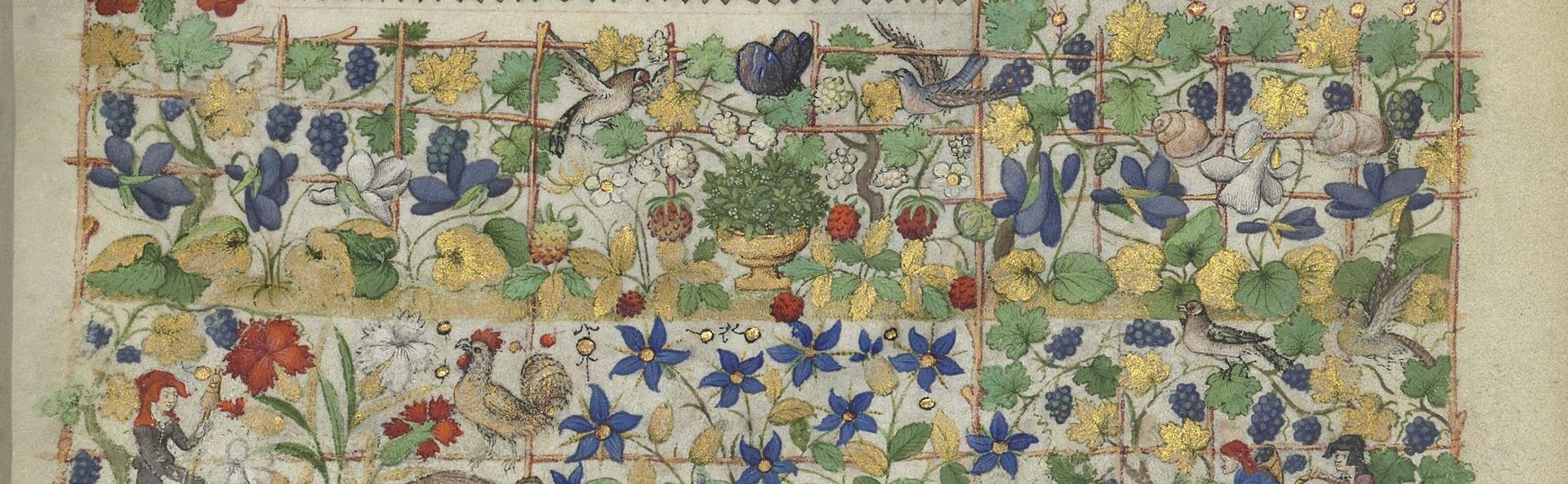 Beginning of the ‚Hours of the Virgin‘ with miniature and illuminated floral border, including vines, violets, strawberries, people and various animals.