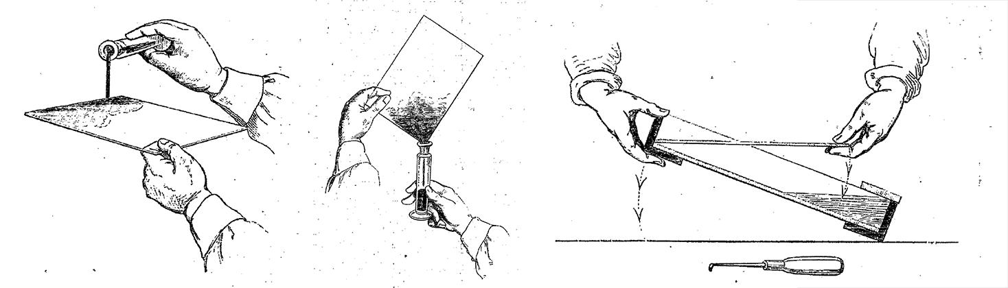 Application of collodion, a product of nitrocellulose, to a glass plate as part of the photographic collodion wet plate process, with the silver nitrate bath as the final step.