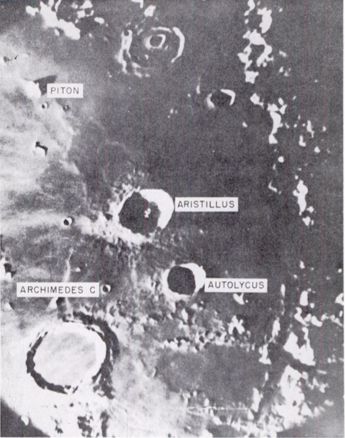 Photograph from the Pic du Midi observatory, used in a 1961 report by the US Air Force’s Geophysics Research Directorate, titled “Location of a Lunar Base”.