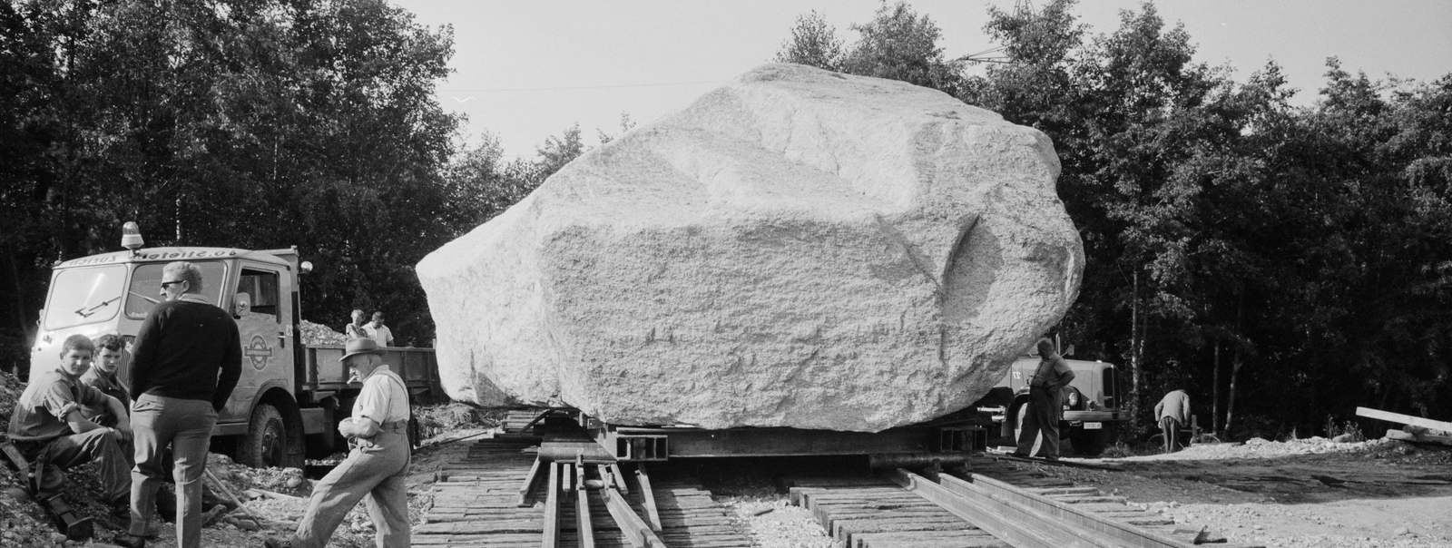 Large boulder on the construction site of Nordostschweizerische Kraftwerke AG (NOK) in Birrfeld,1965.